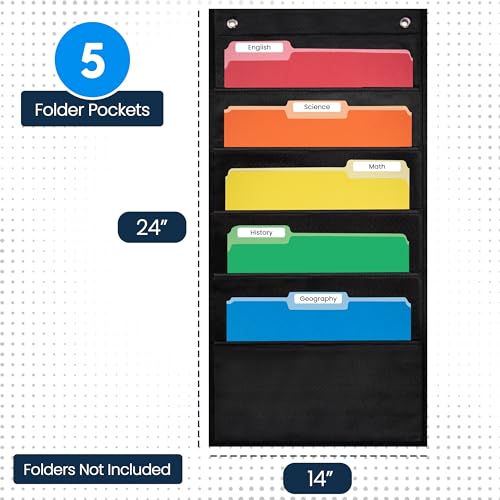 Essex Wares - 5 Pocket File Folder Pocket Chart, Black, 14" Wide x 24" Tall | Versatile Wall Hanging File Folder Organizer for Classrooms, Offices, Home, and More - Wall Folder Organizer - size: 5 Pocket