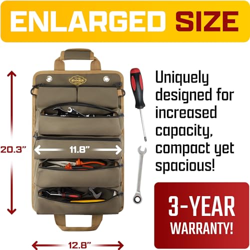 Ryker Heavy Duty Roll Up Tool Bag Organizer w/Detachable Pouches, Khaki - color: A- Khaki