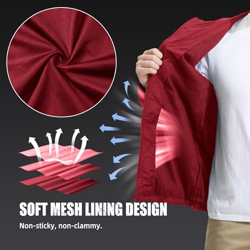 ZITY Mens Rain Jacket with Lining Waterproof Lightweight Rain Coats Packable Hooded Windbreaker for Hiking Golf Cycling - color: Red, size: Medium