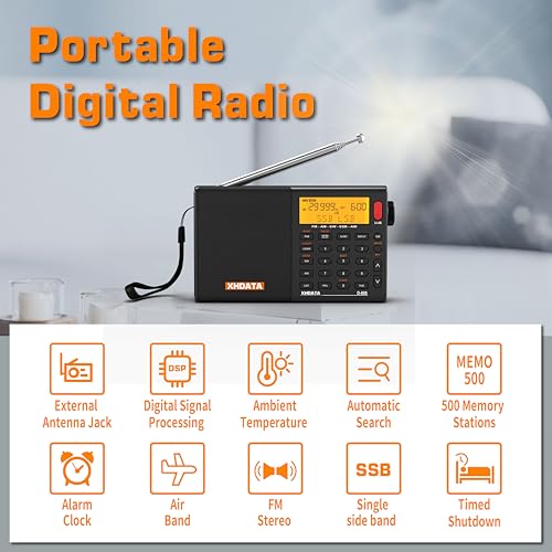 XHDATA D808 Portable AM FM SW LW Air Band Shortwave Radio SSB RDS Multi Band Digital Radio Speaker with LCD Display Alarm Clock External Antenna (Black) - color: Black