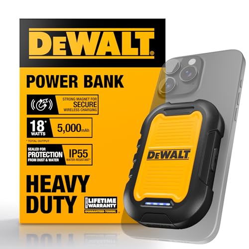 DEWALT Heavy Duty Magnetic Power Bank 5, 000mAh, Rugged, Wireless | Portable Charger 18W Fast Charging Battery Pack, USB-C to C w/USB Adapter Cable 4' Water Resistant Works w/Magsafe iPhone