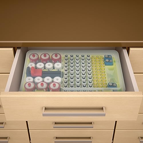 Battery Organizer Storage Case with Tester Checker. Batteries Holder Box Container for 120+ AA AAA 9V C D Lithium CR2025 CR1632 CR2032 Coin Cell Battery with Wall-Mounted Design -Green - color: Green