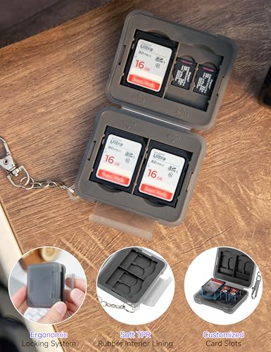 PROfezzion SD Card Holder Case for 4 SD/SDXC/SDHC & 8 microSD TF Memory | Small and Portable, Water-Resistant, Hard Shell with Soft Rubber Interior, Memory Card Organizer Storage Box with Keychain - color: Grey - 12 Slots