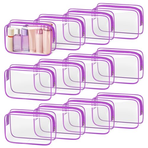 TISRATOK 12 PCS Clear Makeup Bags with Zipper, TSA Approved Toiletry Pouch - color: Purple, size: medium