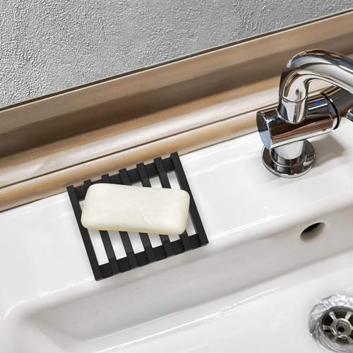 2Pcs Soap Dish Holder, Non-Slip Bathroom Accessories Silicone Soap Case Saver, Sink Deck Bathtub Shower Dish Soap Drainer, Silicone Holder for Soap, Sponges, Scrubber (Black) | Anti-Slip, Quick-Drying, Soap Holder for Kitchen Shower Room Bathroom - color:
