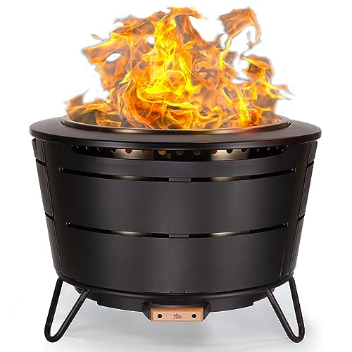 TIKI Reunion Smokeless Fire Pit, 27.5 in Wood Burning Fire Pit with Cover | Black, 27.5-Inch, Stainless Steel, Wood-Burning, Large Gatherings, For Backyards, Includes Cover, Removable Ash Pan, Stand - style: Reunion (28")