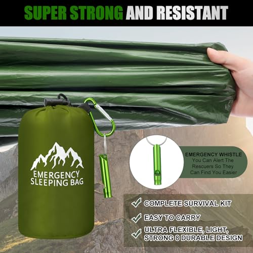 Oudain 6 Pcs XL Emergency Sleeping Bag Waterproof Bivy Sack Whistle - color: Green
