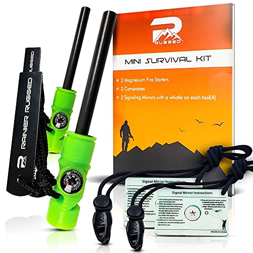 Rainier Rugged 5-in-1 Glow-in-The-Dark Fire Starters Kits with Compass, Signal Mirrors, Whistles -Magnesium Ferro Rods - Compact Portable Hiking, Camping, Trekking,Emergency Survival Rescue