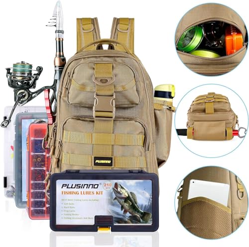 PLUSINNO Fishing Backpack Tackle Bag, Water-Resistant Backpack with Rod Holder, Ideal Gifts for Men - color: Khaki Single Backpack