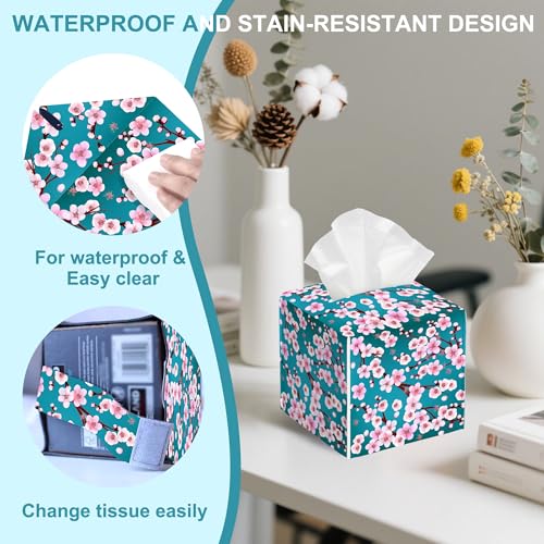 Pink Cherry Flowers Tissue Box Cover Square,Plum Leather Tissue Holder with Bottom Belt,Waterproof Leather Facial Paper Organizer Tissue Box Cover for Home Office Vanity Countertop,5.2" x 5.2" x 5.2" - color: Pink Cherry Flowers