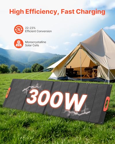 VEVOR 300W Foldable Monocrystalline Solar Panel, 23% High-Efficiency Portable Mono Solar Panel Charger with MC4 Output & 10-in-1 DC Adapters, IP67 Waterproof for Power Stations, Camping, Hiking Trips - size: 300W