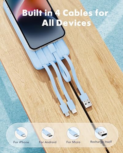 charmast Power Bank Portable Charger with Reinforced Built-in 4 Cables | 3A Fast Charging,10000mAh,6 Outputs 3 Inputs,Travel Essentials,TSA Compliant,LED Display,compatible with iPhone Samsung Moto - color: SkyBlue