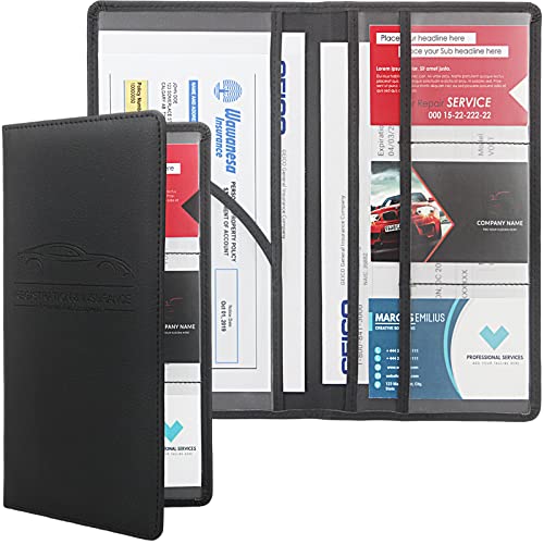 Car Registration & Insurance Holder, Black | Faux leather glove box organizer with magnetic closure. 6 slots, clear PVC windows for cards and documents - color: 10-Black