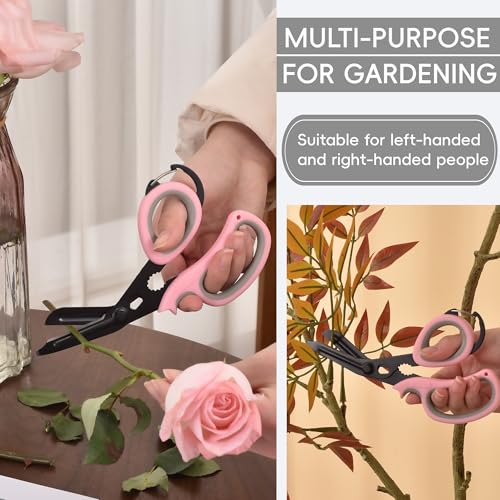 MEUUT All Purpose Scissors 2 Packs with Carabiner for Kitchen Outdoor | 7.5-inch heavy duty all purpose, Ambidextrous, micro-serrated stainless steel blades, integrated O2 wrench, soft rubber grip - color: Pastel Pink+pastel Pink