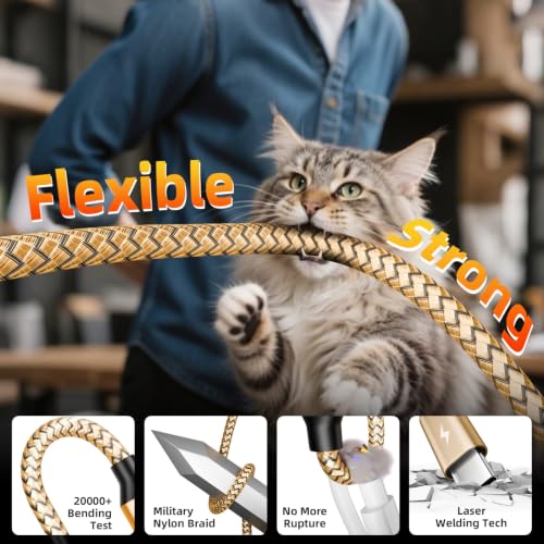 Travel USB C 4 in 1 Charging Cords,Universal Charging Cable for All Devices | Four Type C Ports Mulit Charging Cable,Travle Charger Cord for iPhone 15-17/Galaxy/Tablets/PS,Gold - color: Bright Golden & Black