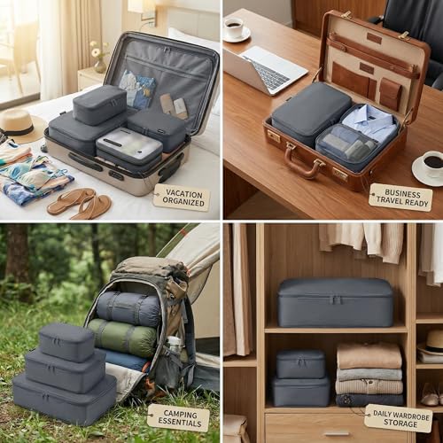 6 Set Compression Packing Cubes for 7–14 Day Travel, Charcoal Gray - color: Charcoal Gray