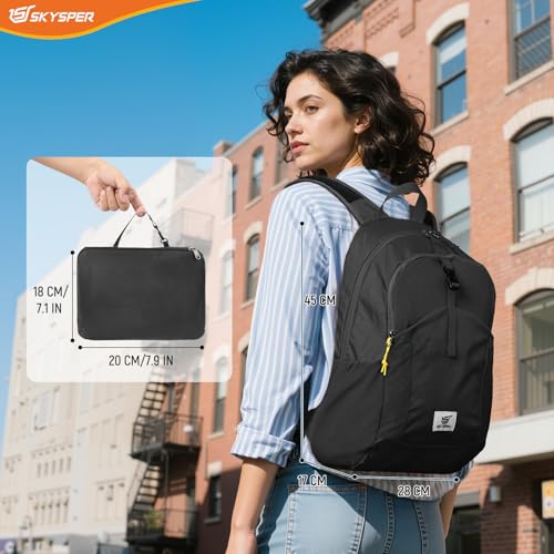 SKYSPER Small Packable Hiking Backpack 20L Anti-theift Travel Daypack | RFID Ultralight Foldable Walking Backpack with Water Bottle Holder, Nylon, Multi-compartment, Everyday Carry for Men Women - color: Black