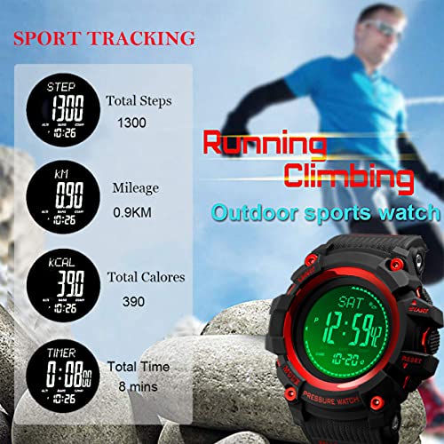 Watch Compass, Altimeter Barometer Thermometer Temperature, Pedometer, Military Army Waterproof Outdoors Sport Digital Watch for Men - color: Red