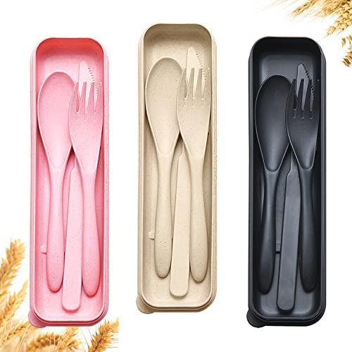 Reusable Travel Utensils Set with Case, 3 Sets Wheat Straw Portable Knife Fork Spoons Cutlery, Eco-Friendly BPA Free Plastic Tableware for Kids Adults Travel Picnic Camping Utensils - color: 3 Sets - Beige, Pink, Black