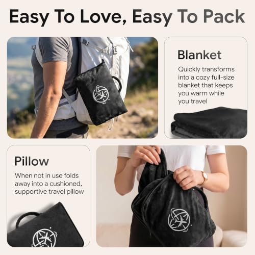 2-in-1 Travel Blanket and Pillow – Lightweight, Compact, Ultra Soft, Machine Washable – Handle, Luggage Sleeve, Backpack Clip – for Travel Airplane, Car, Office (Black) - color: Black