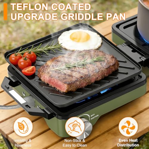 2-Burner Pro Camping Stove,24000 BTU Camp Stove,Foldable Propane Stove Includes Carry Bag,Windscreen Griddle, Portable Stove,Camping Essentials,Suitable For Outdoor Cooking,Tailgating,Grilling (Green)