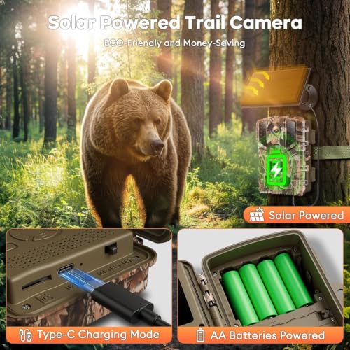 Solareye Trail Camera WiFi - Solar Powered 4K 64MP Game Cameras with Night Vision Motion Activated Waterproof with 32GB SD Card, IP66 120° Detection Angle 0.2s Trigger 940nm No Glow (Emerald Green) - color: Emerald Green