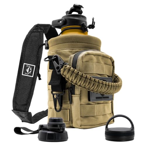 NATURE PIONEOR 64 oz Tactical Water Bottle with MOLLE Bottle Pouch & 3 Lids | 18/8 Food-grade Stainless Steel, Double Vacuum Insulation, 3 Leak-proof Lids, Handle, Strap, Camping, Hiking, Gym, Work - color: Brown Green, size: 64 Ounces