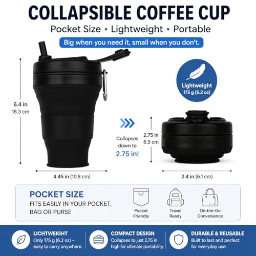 Silicone Coffee Cup with Straw lid Collapsible Cups for Traveling 20oz Lightweight Folding Water Mug for Picnic Hicking Camping Climbing - color: Khaki