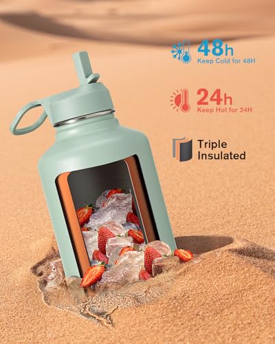 Coolflask Half Gallon Water Bottle Insulated with Straw & 3 Leakproof Lids - color: Grey Green, size: 64 Ounces