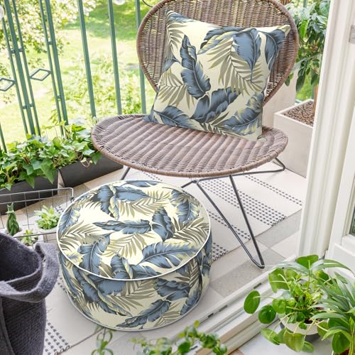 DYTXIII Inflatable Ottoman Stool D21 xH9 for Outdoor/Indoor Use, Water Repellent Patio Foot Rest with Portable Handle,Round Pouf Ottoman Suitable for Garden,Deck and Camping-Lush Palm Blue - color: Lush Palm Blue, size: 21"D x 21"W x 9"H