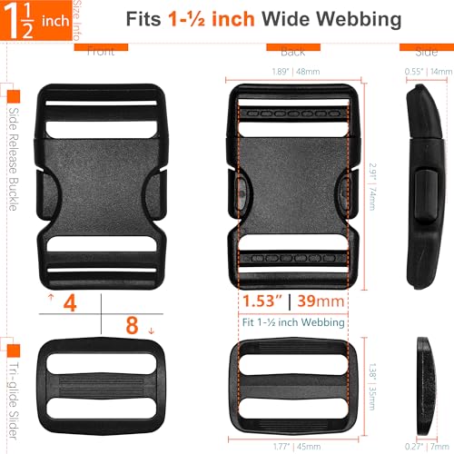 1-1/2" Straps and Buckles Set: 6 yard Nylon Webbing 1.5 inch (38 mm) Wide, 4 pack Side Release Buckle, 8 pcs Tri-Glide Sliders, Plastic Clip Fasteners Replacement Heavy Duty Dual Adjustable No Sew - size: 1-1/2" x 6 yd Strap + 4 pack Buckles