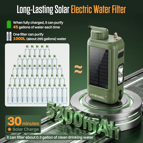 ITEHIL Portable Electric Water Filter, 0.01 Micron Camping Water Purifier with Solar, Outdoor Water Purification System for Camping, Hiking, Emergency & Survival