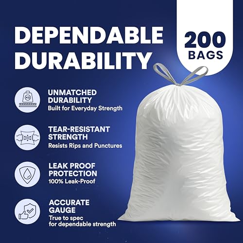 Plasticplace 4 Gallon White Drawstring Trash Bags, 200 Count (Pack of 1) – 0.7 Mil Leak-Proof Garbage Liners for Small Trash Can, Bathroom, Kitchen, Office, and Car Use - size: 200 Count (Pack of 1)