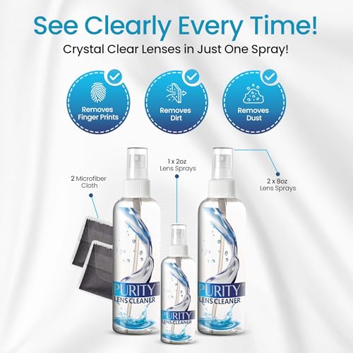 Purity Eyeglass Lens Cleaner Kit - 2 x 8oz and 1 x 2oz Lens Cleaner Spray Bottle + 2 Microfiber Cleaning Cloths - Safe for All Lenses (AR Coated Included), Eyeglasses and Screens - Clear - style: 5 Piece Set - 2 (8oz + 1 (2 Oz Lens Spray)) + 2 (Microfiber