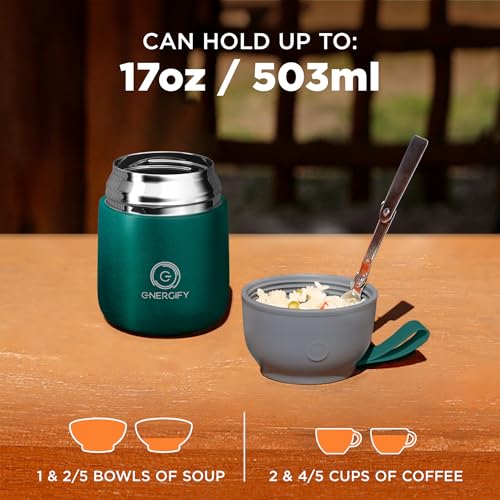 Vacuum Insulated Food Jar. Large 17oz Bowl incl. Folding Spoon, Cup. Wide Mouth Keep Hot & Cold Drinks Soup Lunch Container for Adults. BPA-Free Stainless Steel, Proof Brilliant Green - color: 17oz Brilliant Green