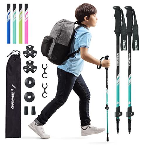 TrailBuddy Collapsible Hiking Poles - Pack of 2 Trekking Poles for Hiking, Camping & Backpacking - Lightweight, Adjustable Aluminum Walking Sticks w/EVA Grip (Aqua - Junior Size)