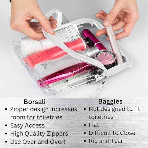 BORSALI White TSA Approved Clear Toiletry Bag Quart Size for 3-1-1 Liquids & Other Items + Paper Soap Sheets for Travel Comes in 1 Case with 50 Sheets