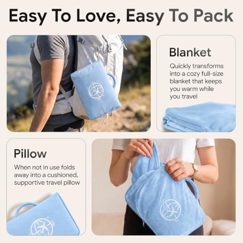 2-in-1 Travel Blanket and Pillow – Lightweight, Compact, Ultra Soft, Machine Washable – Handle, Luggage Sleeve, Backpack Clip – for Travel Airplane, Car, Office (Light blue) - color: Light Blue