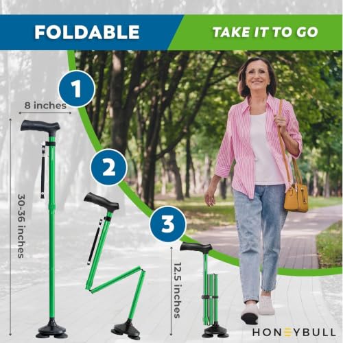 HONEYBULL Walking Cane for Men & Women, Foldable Free Standing Cane | Adjustable Height, Collapsible Design, Heavy-Duty, Pivot Base for Stable Support, Ergonomic Handle - color: Green