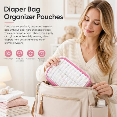 3 Pack Clear Hard Shell Zipper Case (1XL + 1L + 1M, Pink) | Travel Toiletry Bag, Waterproof 1.2mm PET Hard Plastic Pouches, Organizer Box for Makeup, Toy, Snack, Stationery, Diaper - color: Pink(XL+L+M)