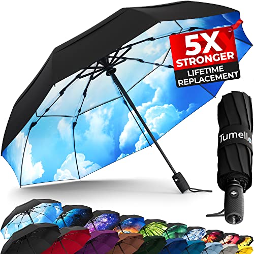Strongest Windproof Travel Umbrella (Compact, 100MPH Wind-Tested), Light, Portable, One-Handed Use, Automatic Folding Rain Umbrella, Durable, Premium Grip, Fits Car & Backpack - color: 1-pack Blue Skies
