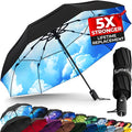 Strongest Windproof Travel Umbrella (Compact, 100MPH Wind-Tested), Light, Portable, One-Handed Use, Automatic Folding Rain Umbrella, Durable, Premium Grip, Fits Car & Backpack - color: 1-pack Blue Skies