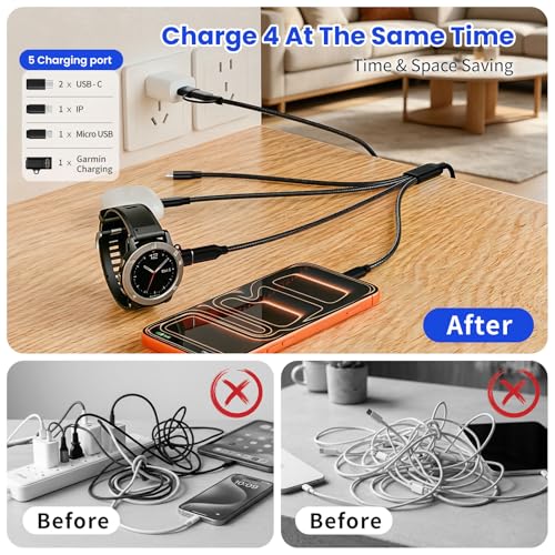3 in 1 Multi Charging Cable for Garmin Watch Charger, 2Pack 4FT | USB A/C Universal Charging Cords for Garmin Watch/iPhone17-5/Galaxy/Tablets/PS,Home,Office,Cruise Vacation Camping Essentials - color: Black, size: 4FT