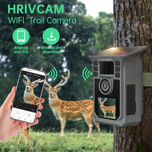 Trail Camera 4K 64MP Solar Game Camera WiFi Bluetooth,0.1s Trigger Motion Activated，5800mAh Battery, 64GB SD Card and Ip67 Waterproof Trail Cam, 130° Wide Angle for Deer & Farm Security - color: Grey