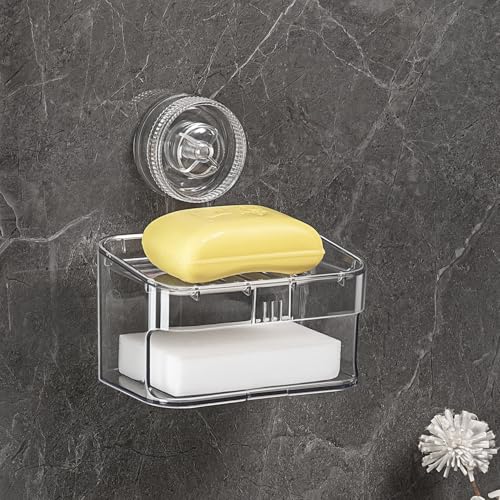 Suction Cup Soap Dish - Clear Suction Soap Holder with High-Density Sponge, Strong Suction & Reusable Adhesive NO-Drilling Waterproof Soap Sponge Holder for Shower Bathroom Bathtub Kitchen - style: 1 Layer+Sponge