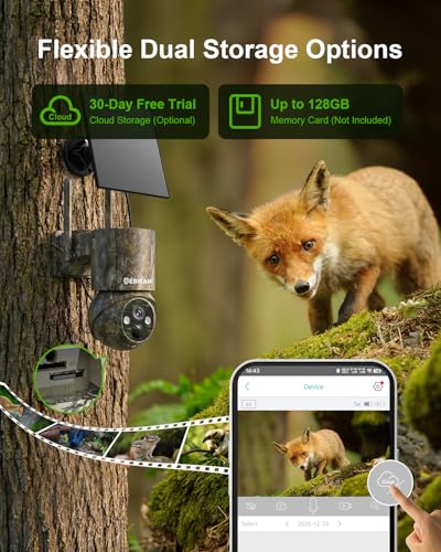 4G LTE Cellular Trail Camera with SIM, Solar, 2K 360° PTZ, No WiFi | Live View, Color Night Vision, Motion Detection, Camouflage, Hunting, Wildlife, Remote App View, Solar Powered, Waterproof