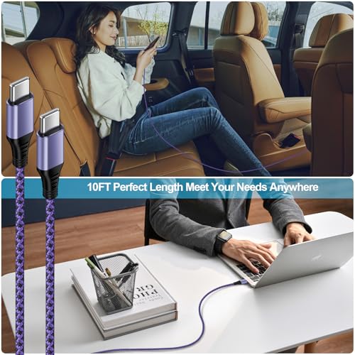 USB C to USB C Charger Braided Cable 60W 10ft Long Fast Charge Type C to Type C Charging Cord Wire for iPhone 17 Pro Max/17/16e/16 Pro Max/15/15 Pro/Samsung Galaxy S25 Edge/S24/S23/S22/S20/A17/A16/A56 - color: Purple