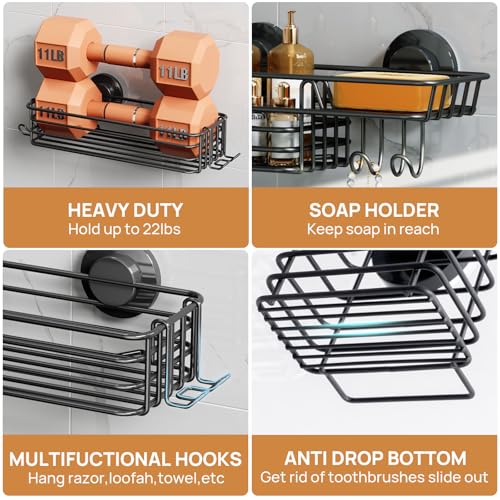 Shower Caddy Suction Cup, Bathroom Organizer for Inside Shower | Black Bathroom Organizer With Hook, Rustproof Shower Holder Storage, 3 Pack Shower Caddies, Heavy Duty Shower Basket - color: 3 × Dark Black