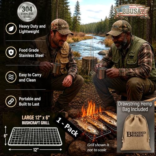 Portable Bushcraft Stainless BBQ Large Cooking Grill Grate & Burlap Hemp Drawstring Bag. Camping, Campfires, Backpacking, Hunting & Fishing. (Large Grill & Bag ONLY) - size: Large Grill & Bag