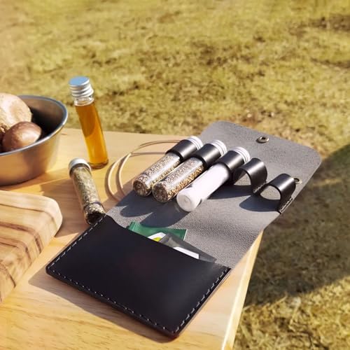 BY-J Camping Spice Kit with 5 Jars, Foldable Leather Spice Holder Seasoning Storage Bag, Condiment Container Set for Outdoor Picnic BBQ, Waterproof Travel Seasoning Container, Black - color: SK0325-Black